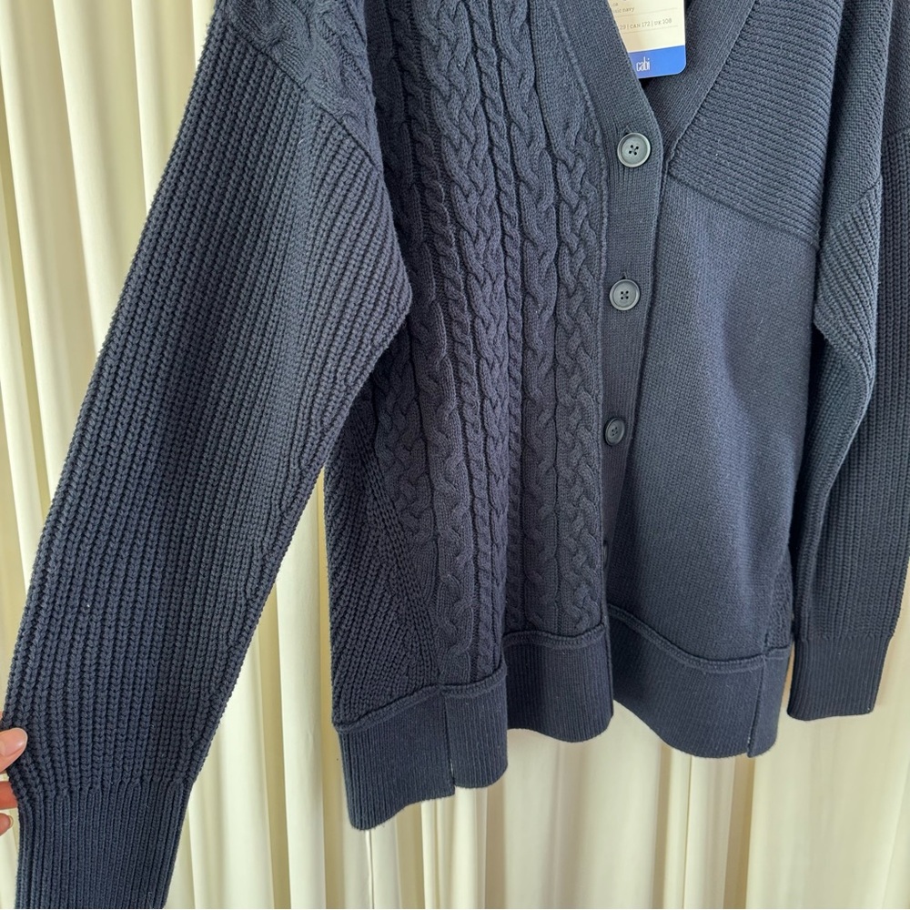 Cabi Spring 24 Textbook Dark Navy Cable Knit Sweater NWT Size Large Academia - Picture 3 of 7